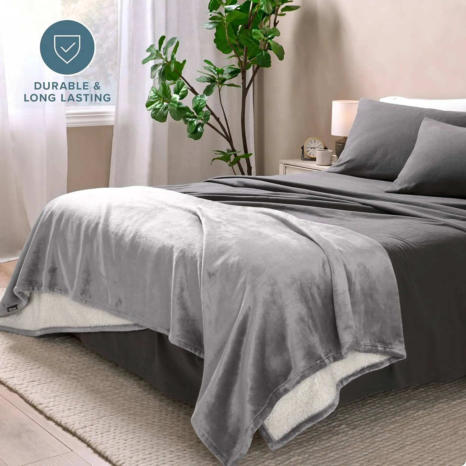 Bare Home Sherpa Fleece Blanket - Extra Long - Blanket for Bed, Sofa, Couch, Camping, Travel, and Gifts - Warm & Lightweight - Fluffy & Soft - Reversible (Twin/Twin XL, Light Grey)