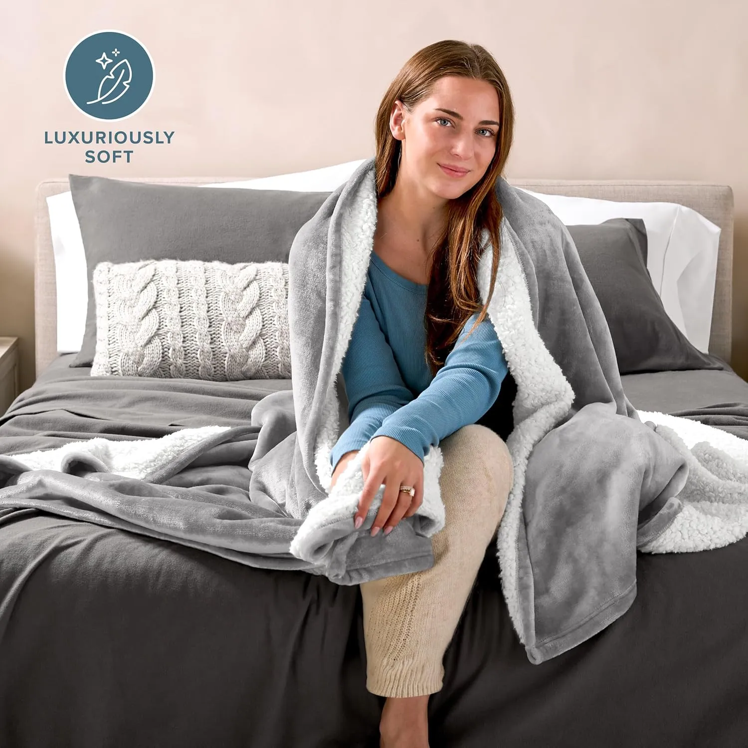 Bare Home Sherpa Fleece Blanket - Extra Long - Blanket for Bed, Sofa, Couch, Camping, Travel, and Gifts - Warm & Lightweight - Fluffy & Soft - Reversible (Twin/Twin XL, Light Grey)