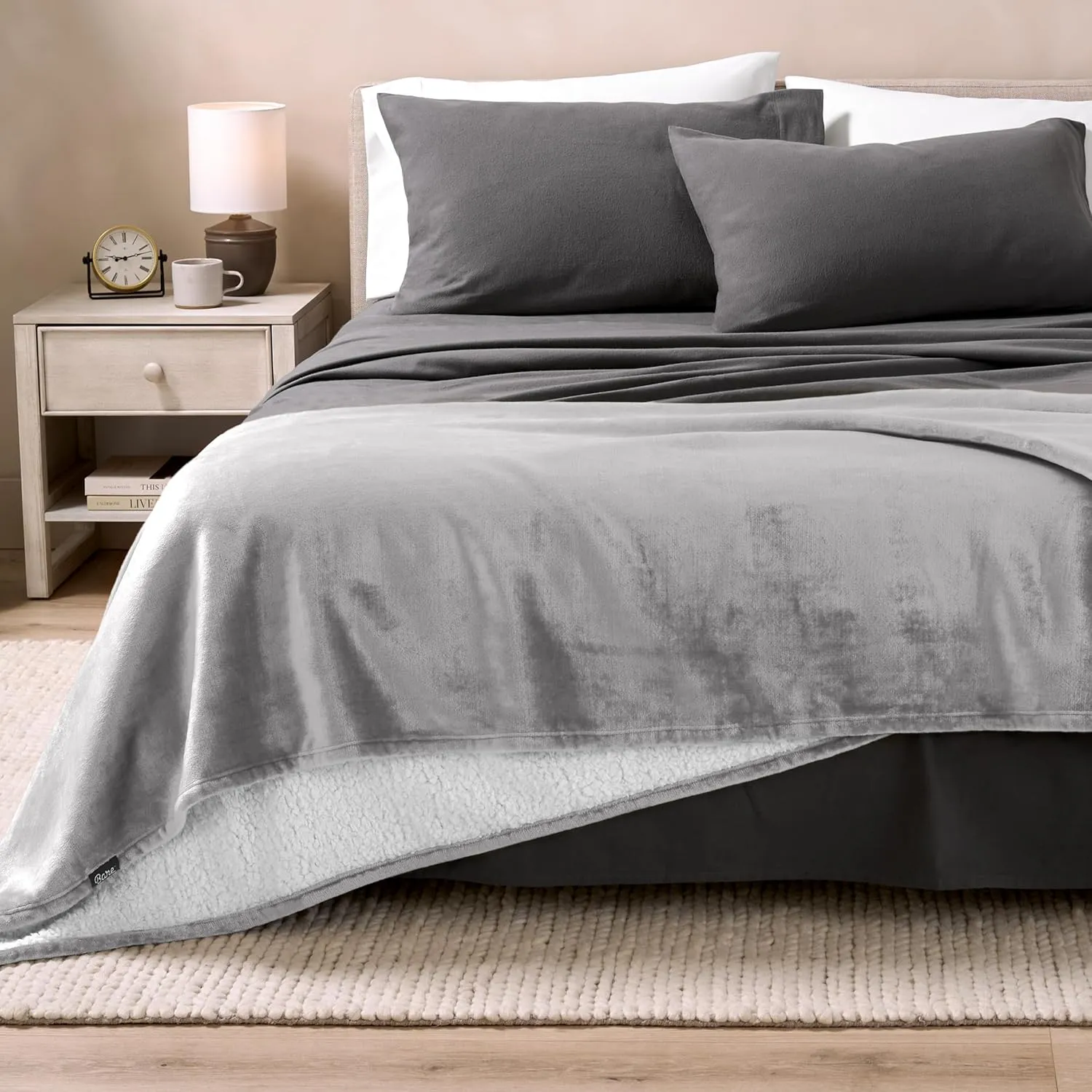 Bare Home Sherpa Fleece Blanket - Extra Long - Blanket for Bed, Sofa, Couch, Camping, Travel, and Gifts - Warm & Lightweight - Fluffy & Soft - Reversible (Twin/Twin XL, Light Grey)