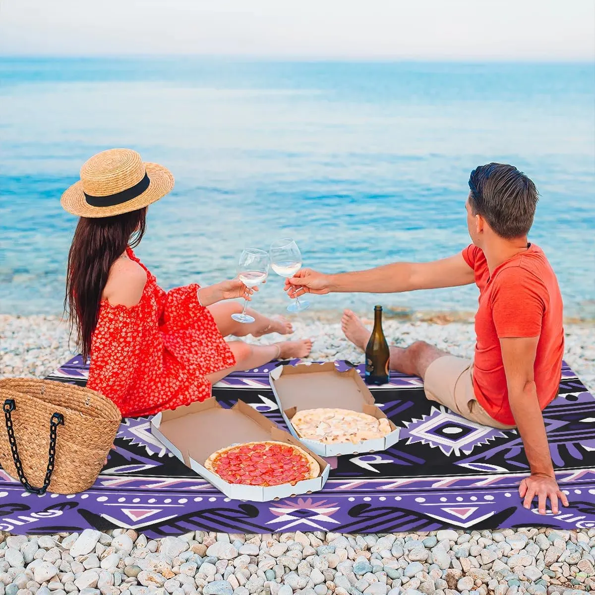 Beach Blanket, Aztec Sandproof Beach Mat, Waterproof Quick Drying Sand Free Mat with 4 x Ground Spikes for Outdoor Travel Camping Hiking, Rustic Boho Western 68 x 59 in