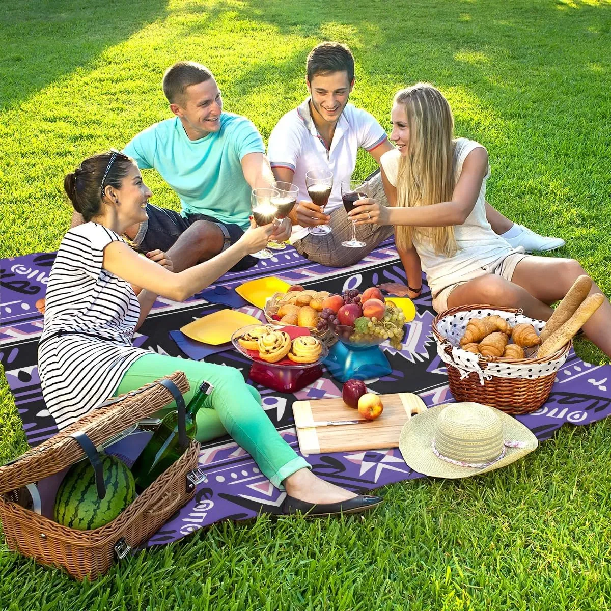 Beach Blanket, Aztec Sandproof Beach Mat, Waterproof Quick Drying Sand Free Mat with 4 x Ground Spikes for Outdoor Travel Camping Hiking, Rustic Boho Western 68 x 59 in