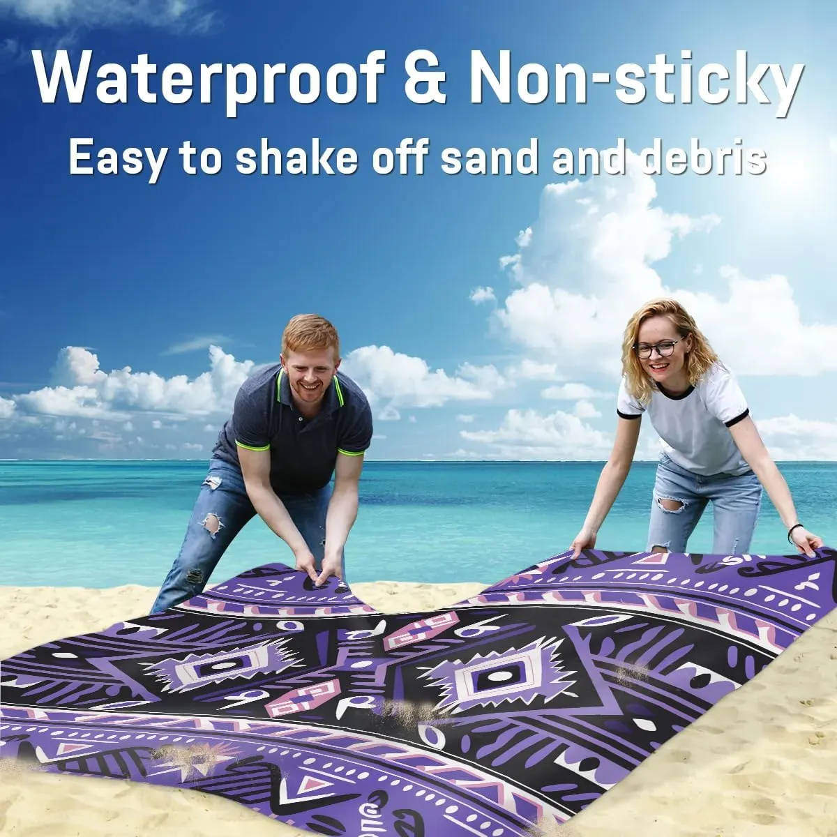 Beach Blanket, Aztec Sandproof Beach Mat, Waterproof Quick Drying Sand Free Mat with 4 x Ground Spikes for Outdoor Travel Camping Hiking, Rustic Boho Western 68 x 59 in