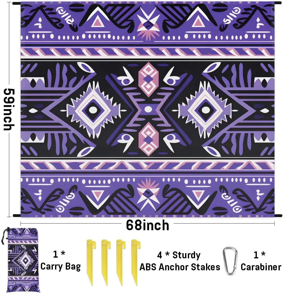 Beach Blanket, Aztec Sandproof Beach Mat, Waterproof Quick Drying Sand Free Mat with 4 x Ground Spikes for Outdoor Travel Camping Hiking, Rustic Boho Western 68 x 59 in