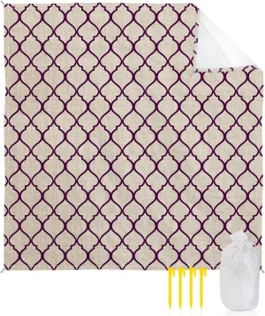 Beach Blanket Sandproof, Rustic Moroccan Geometric Quatrefoil Purple Lattice Waterproof Beach Mat Lightweight Quick Drying Picnic Blanket Beach Essentials for Travel Camping Hiking 108x84in