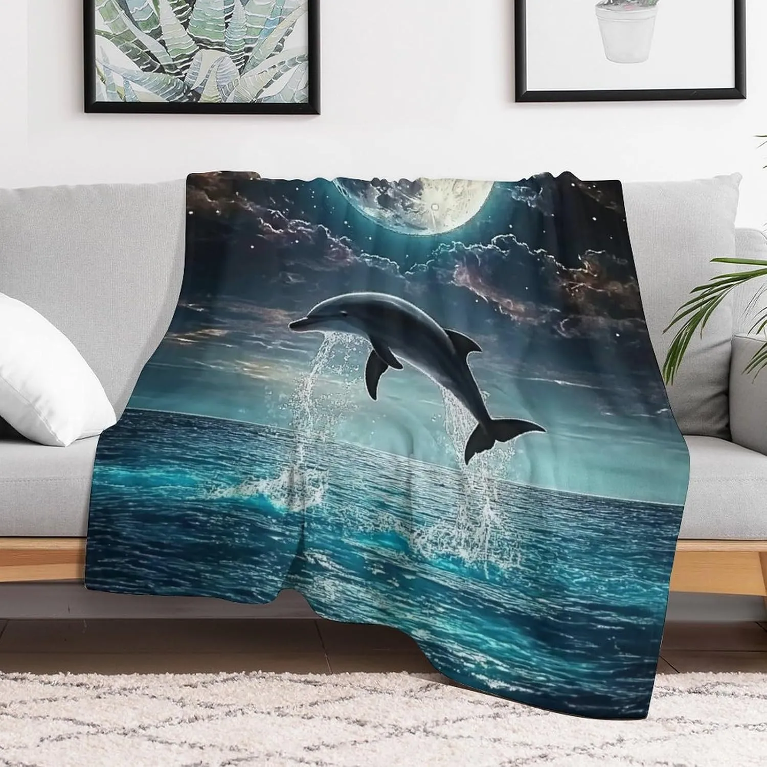 Beach Jumping Sea Moon Black Ultra Soft Flannel Fleece Bed Blankets Lightweight Cozy Throw Blanket Room Decor for Couch Sofa Bedroom Adults Bedding Lightweight Cozy Blanket 50"x60"