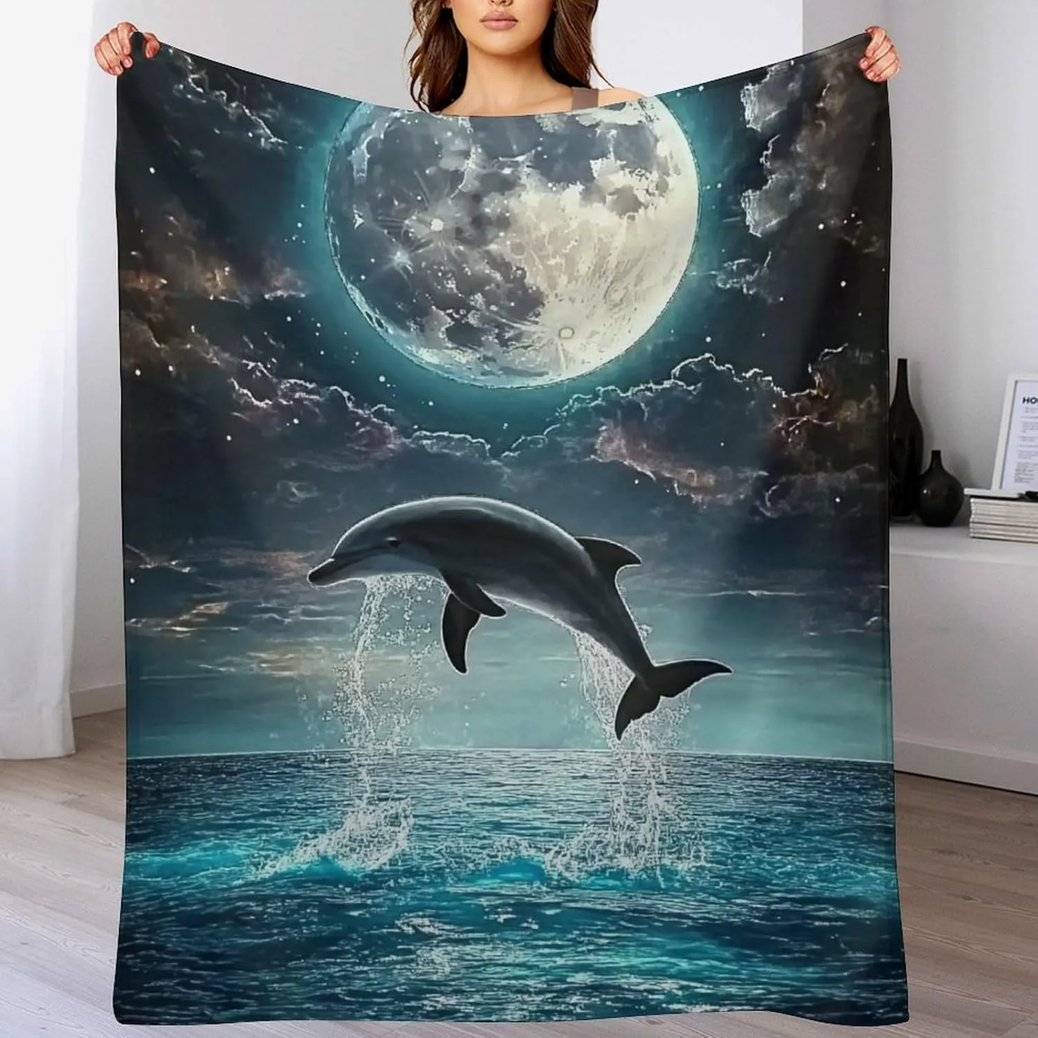 Beach Jumping Sea Moon Black Ultra Soft Flannel Fleece Bed Blankets Lightweight Cozy Throw Blanket Room Decor for Couch Sofa Bedroom Adults Bedding Lightweight Cozy Blanket 50"x60"