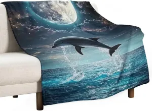 Beach Jumping Sea Moon Black Ultra Soft Flannel Fleece Bed Blankets Lightweight Cozy Throw Blanket Room Decor for Couch Sofa Bedroom Adults Bedding Lightweight Cozy Blanket 50"x60"