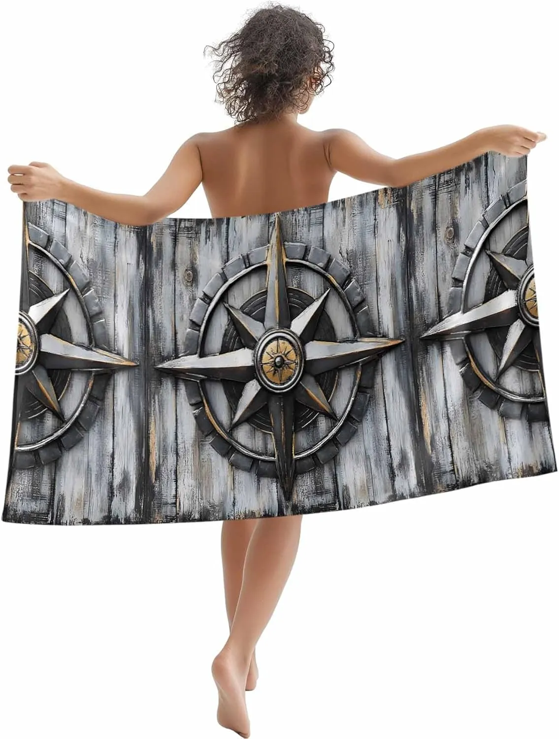 Beach Towel Compass Retro Wood Board Towels for Beach, Bath, Pool, Gym, Yoga-Lightweight, Quick Dry Oversized Beach Towel - Compact Travel Towel 31x63 inch
