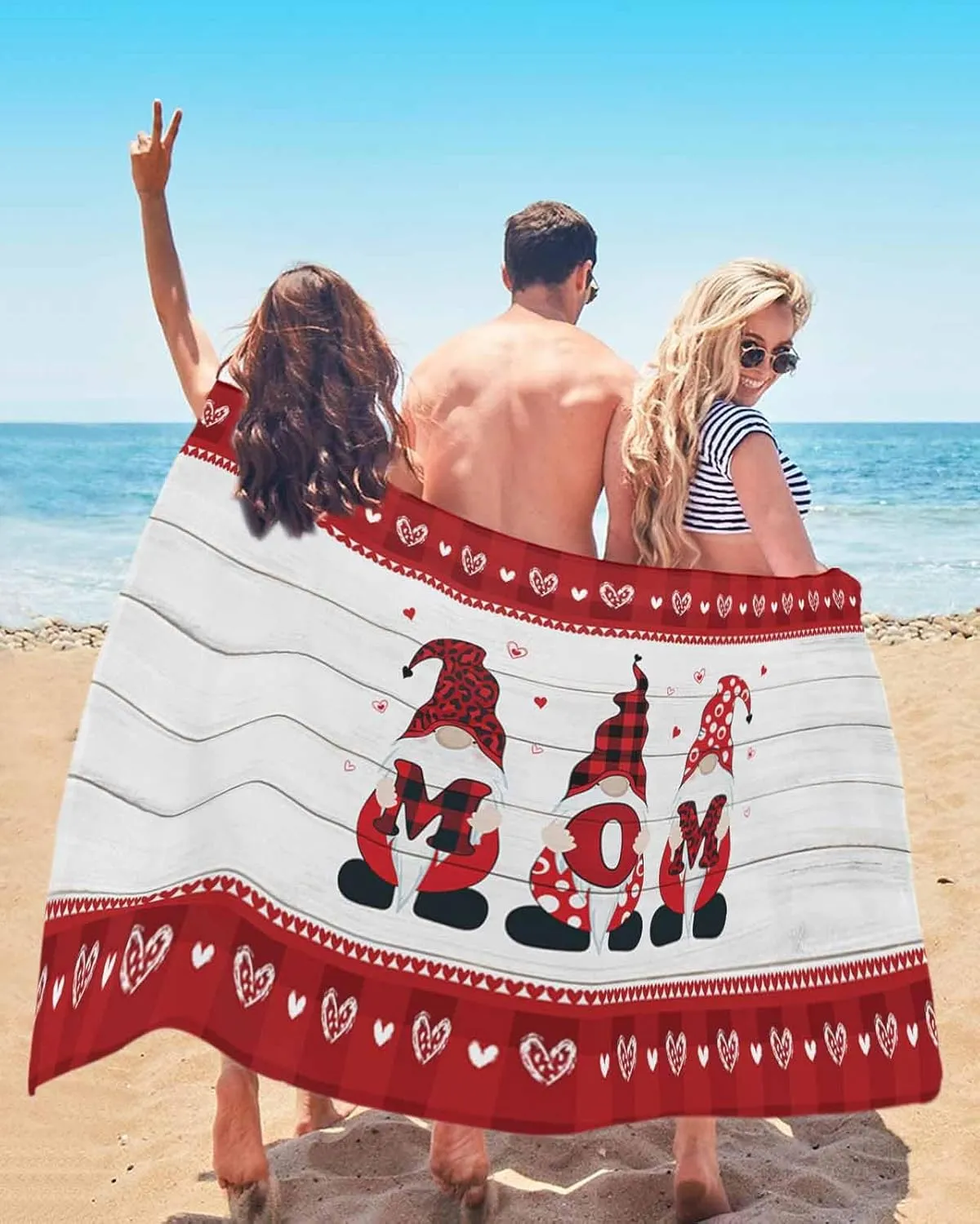Beach Towel Mother's Day Gnome Bath Pool Towels Rustic Wood Red Buffalo Check Sand Free Blanket Quick Dry Lightweight Travel Blankets for Adults Gifts 31x62in