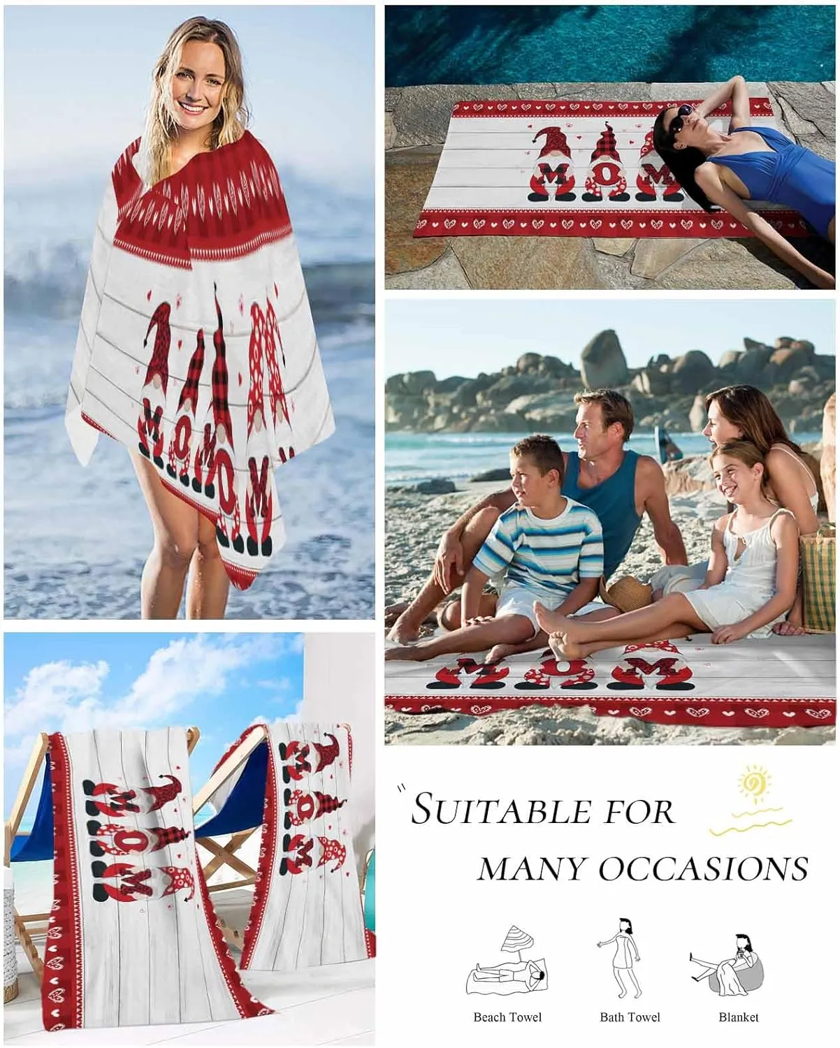 Beach Towel Mother's Day Gnome Bath Pool Towels Rustic Wood Red Buffalo Check Sand Free Blanket Quick Dry Lightweight Travel Blankets for Adults Gifts 31x62in