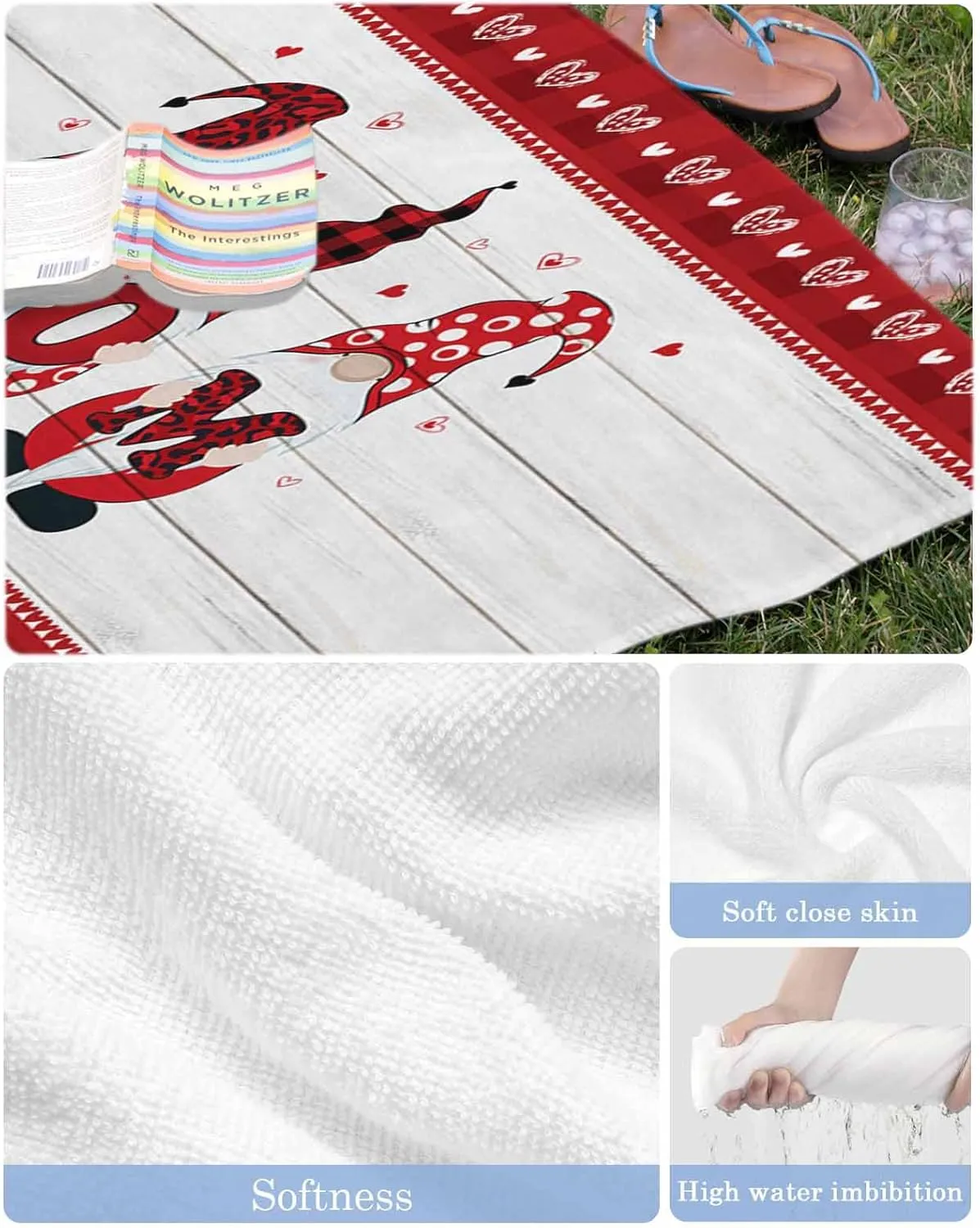 Beach Towel Mother's Day Gnome Bath Pool Towels Rustic Wood Red Buffalo Check Sand Free Blanket Quick Dry Lightweight Travel Blankets for Adults Gifts 31x62in