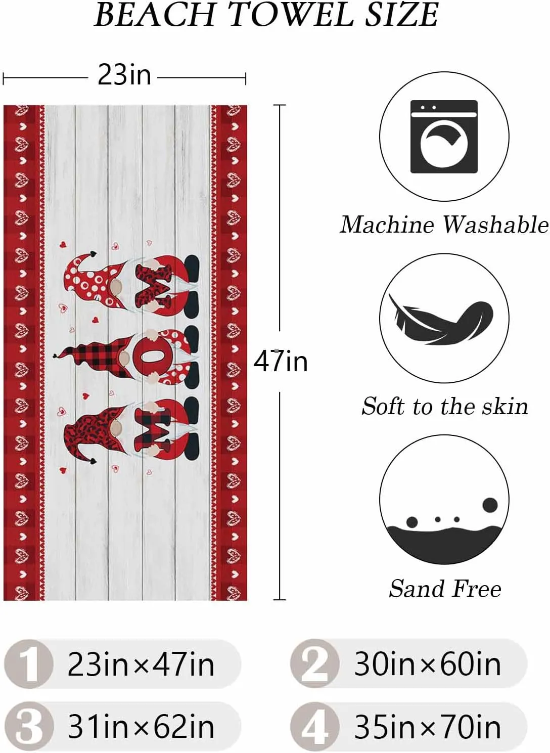 Beach Towel Mother's Day Gnome Bath Pool Towels Rustic Wood Red Buffalo Check Sand Free Blanket Quick Dry Lightweight Travel Blankets for Adults Gifts 31x62in