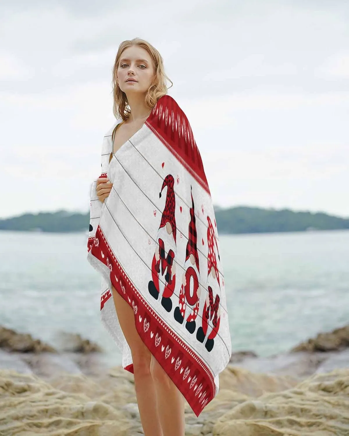Beach Towel Mother's Day Gnome Bath Pool Towels Rustic Wood Red Buffalo Check Sand Free Blanket Quick Dry Lightweight Travel Blankets for Adults Gifts 31x62in