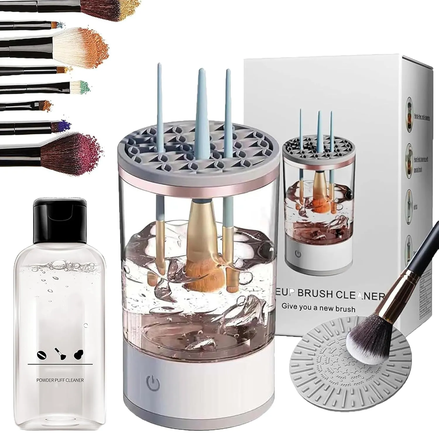 Beauty Swirl Cosmetic Brush Cleaner, The Cozy Luna Brush Cleaner, Cozy Luna Makeup Brush Cleaner, Automatic Spinning Cosmetic Tool for Deep Cleaning All Types of Brushes Set (White, Charging)