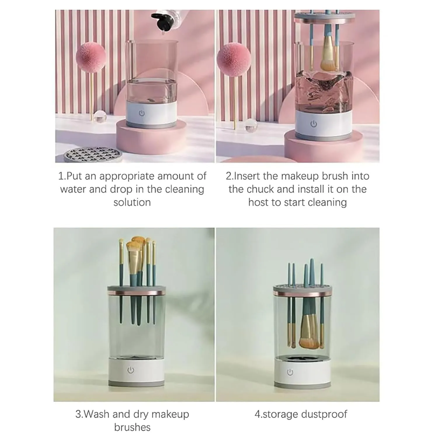 Beauty Swirl Cosmetic Brush Cleaner, The Cozy Luna Brush Cleaner, Cozy Luna Makeup Brush Cleaner, Automatic Spinning Cosmetic Tool for Deep Cleaning All Types of Brushes Set (White, Charging)