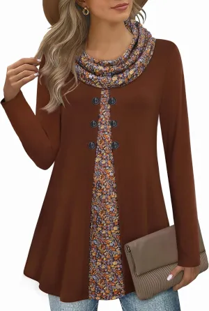 Bebonnie Womens Long Sleeve Cowl Neck Warm Splicing Tunic Tops with Buttons