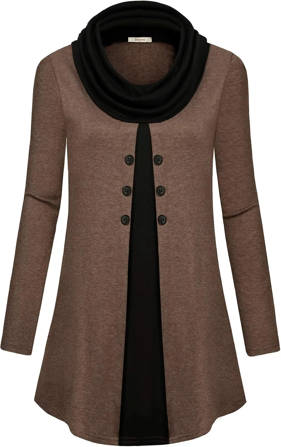 Bebonnie Womens Long Sleeve Cowl Neck Warm Splicing Tunic Tops with Buttons