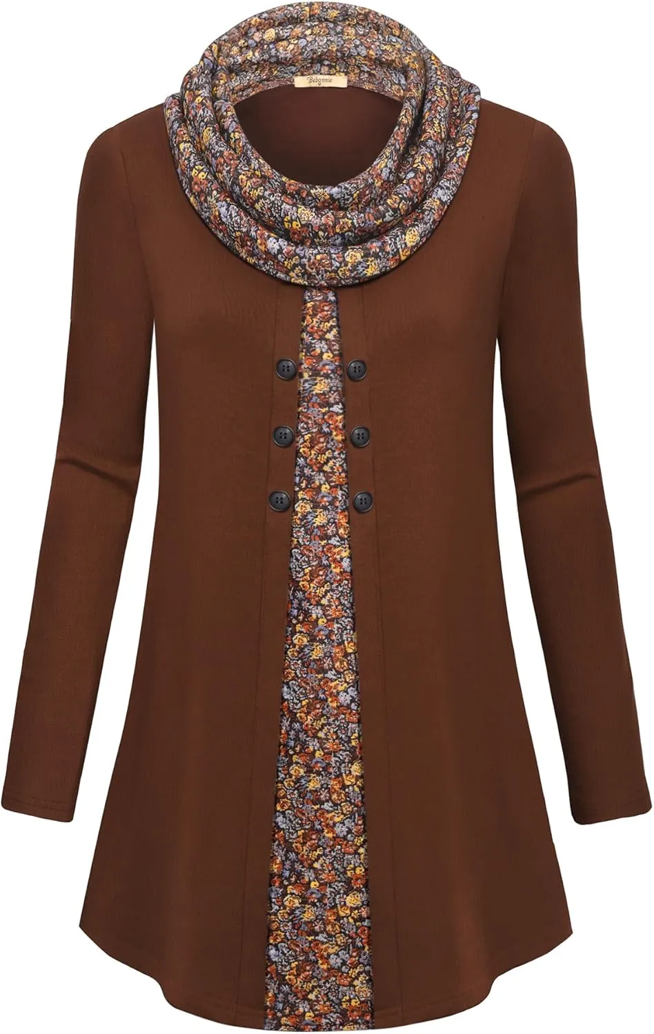 Bebonnie Womens Long Sleeve Cowl Neck Warm Splicing Tunic Tops with Buttons