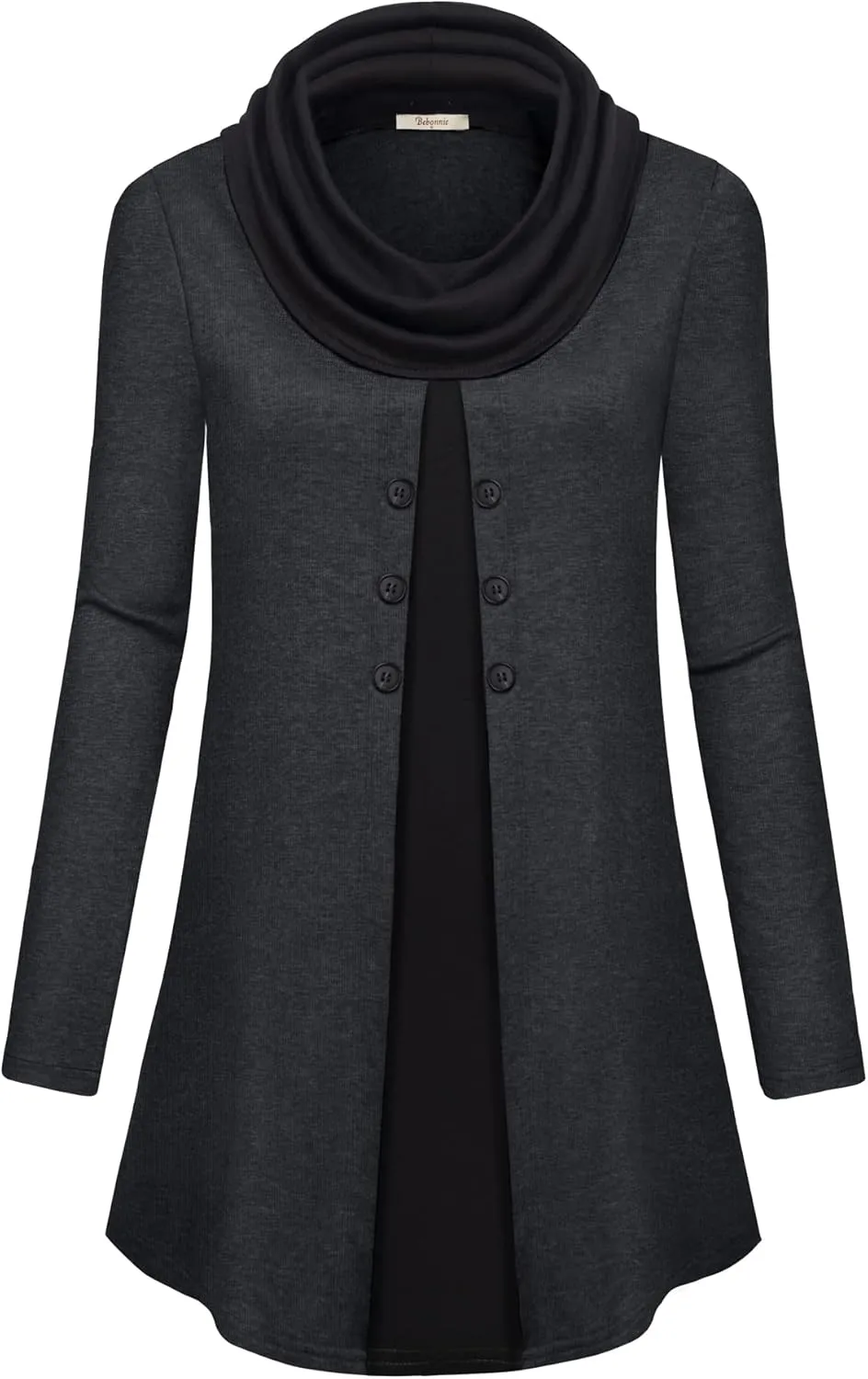 Bebonnie Womens Long Sleeve Cowl Neck Warm Splicing Tunic Tops with Buttons