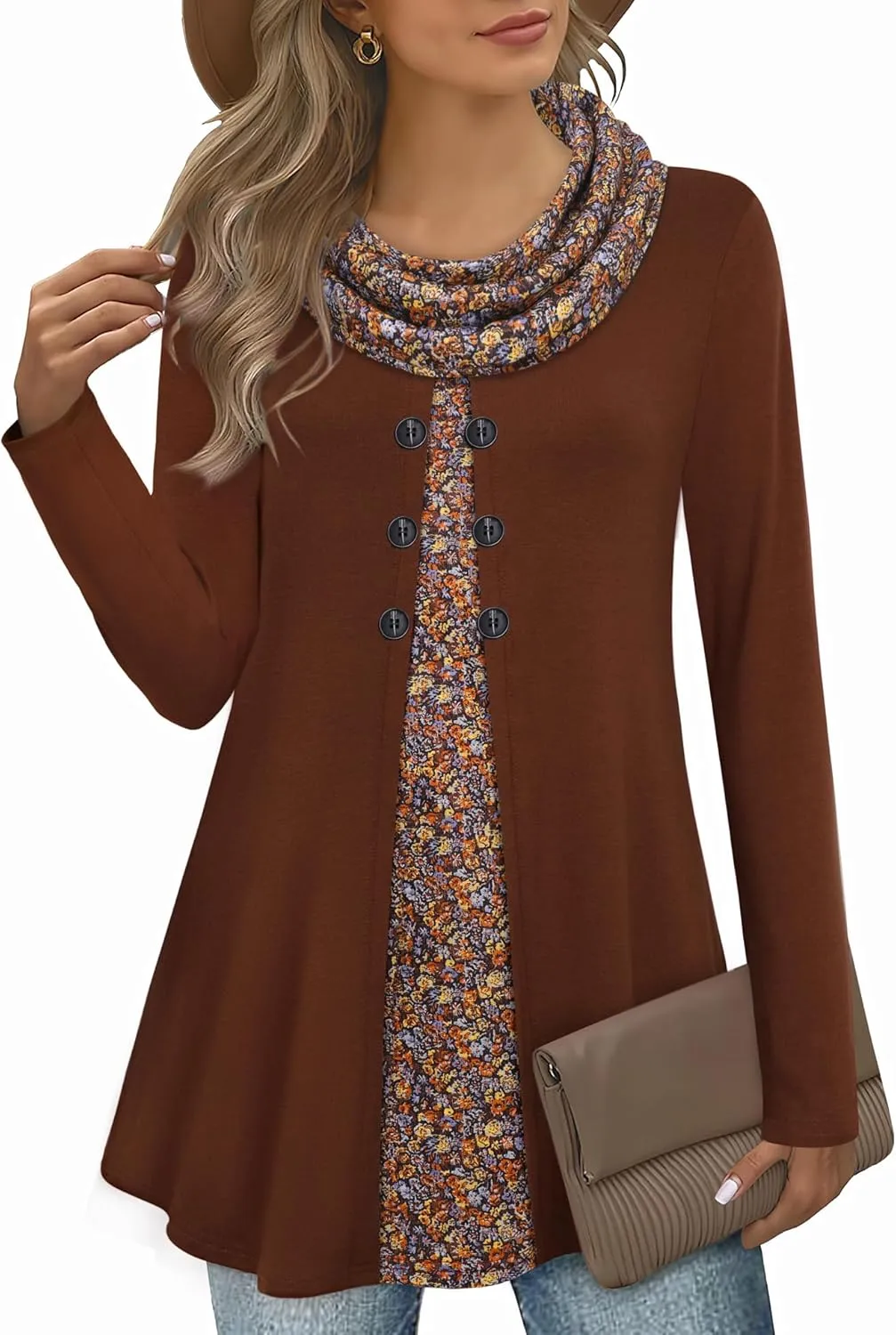 Bebonnie Womens Long Sleeve Cowl Neck Warm Splicing Tunic Tops with Buttons