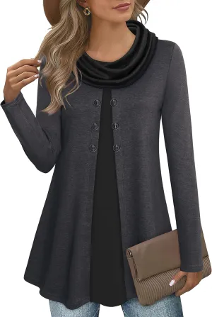 Bebonnie Womens Long Sleeve Cowl Neck Warm Splicing Tunic Tops with Buttons