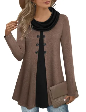 Bebonnie Womens Long Sleeve Cowl Neck Warm Splicing Tunic Tops with Buttons
