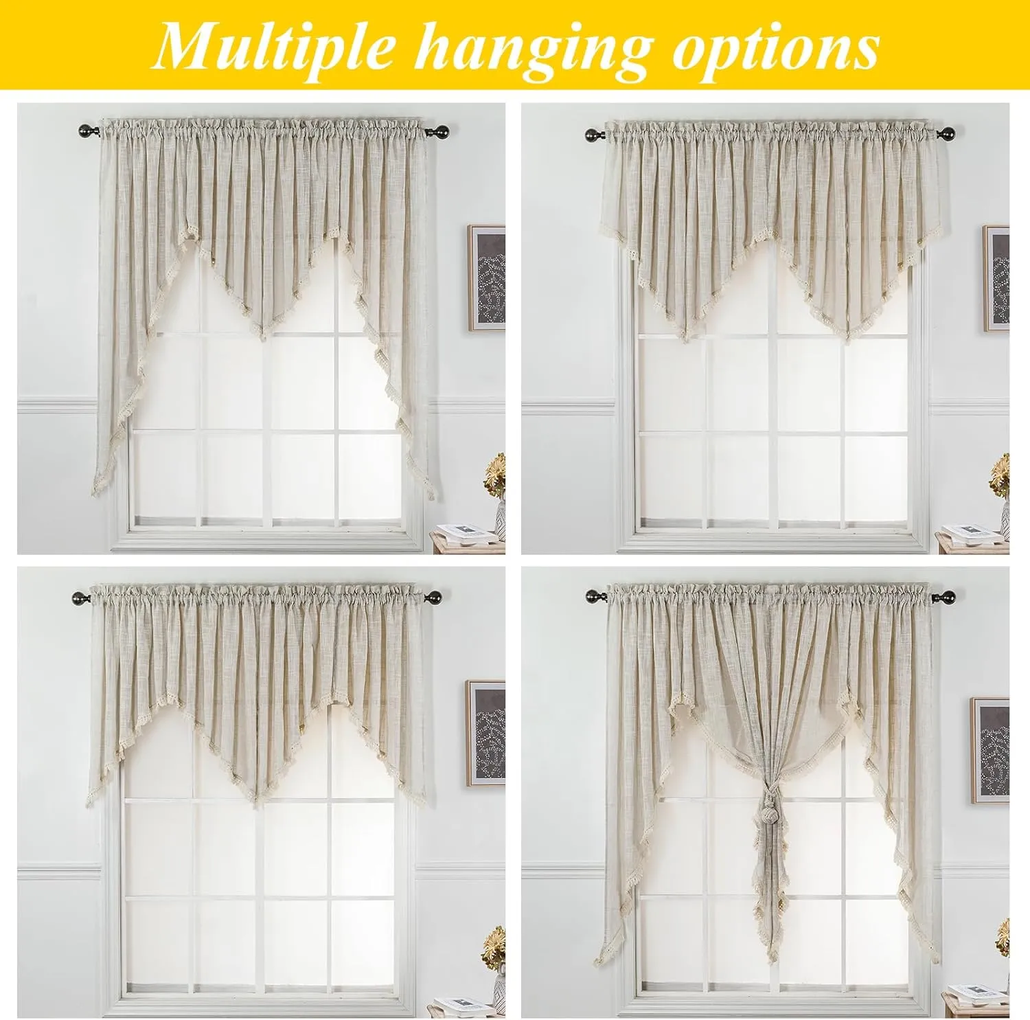 Beda Home Tassel-Linen-Textured-Swag-Curtain-Valance for Farmhouses’-Kitchen; Rustic-Short-Swag-Topper for Small-Windows Bedroom Privacy Added Rod-Pocket Design(Nature, 52Wx18L - 1PC)