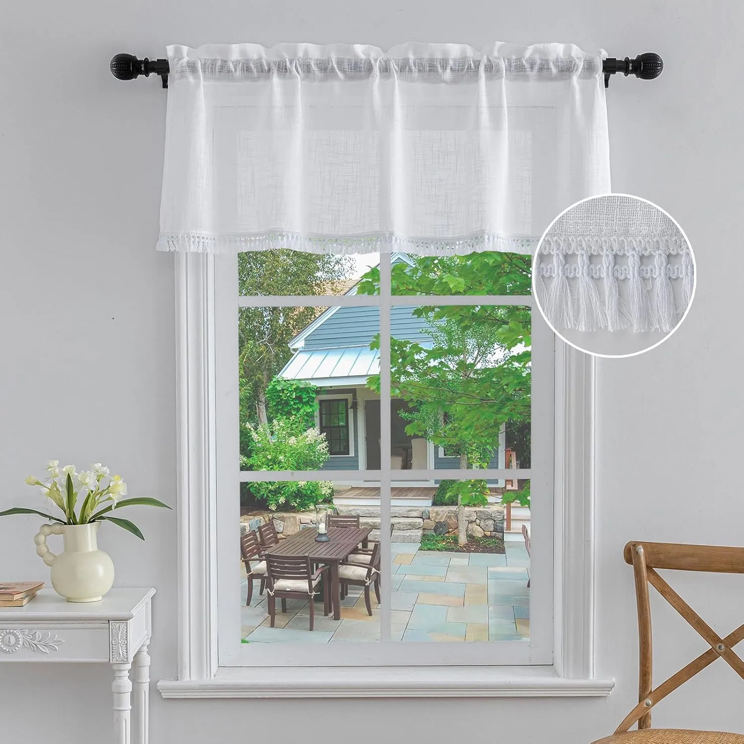 Beda Home Tassel-Linen-Textured-Swag-Curtain-Valance for Farmhouses’-Kitchen; Rustic-Short-Swag-Topper for Small-Windows Bedroom Privacy Added Rod-Pocket Design(White, 52Wx18L - 1PC)