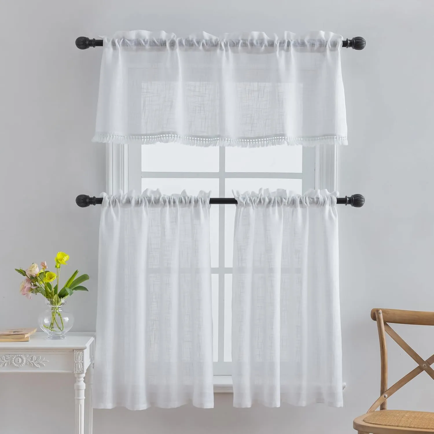 Beda Home Tassel-Linen-Textured-Swag-Curtain-Valance for Farmhouses’-Kitchen; Rustic-Short-Swag-Topper for Small-Windows Bedroom Privacy Added Rod-Pocket Design(White, 52Wx18L - 1PC)