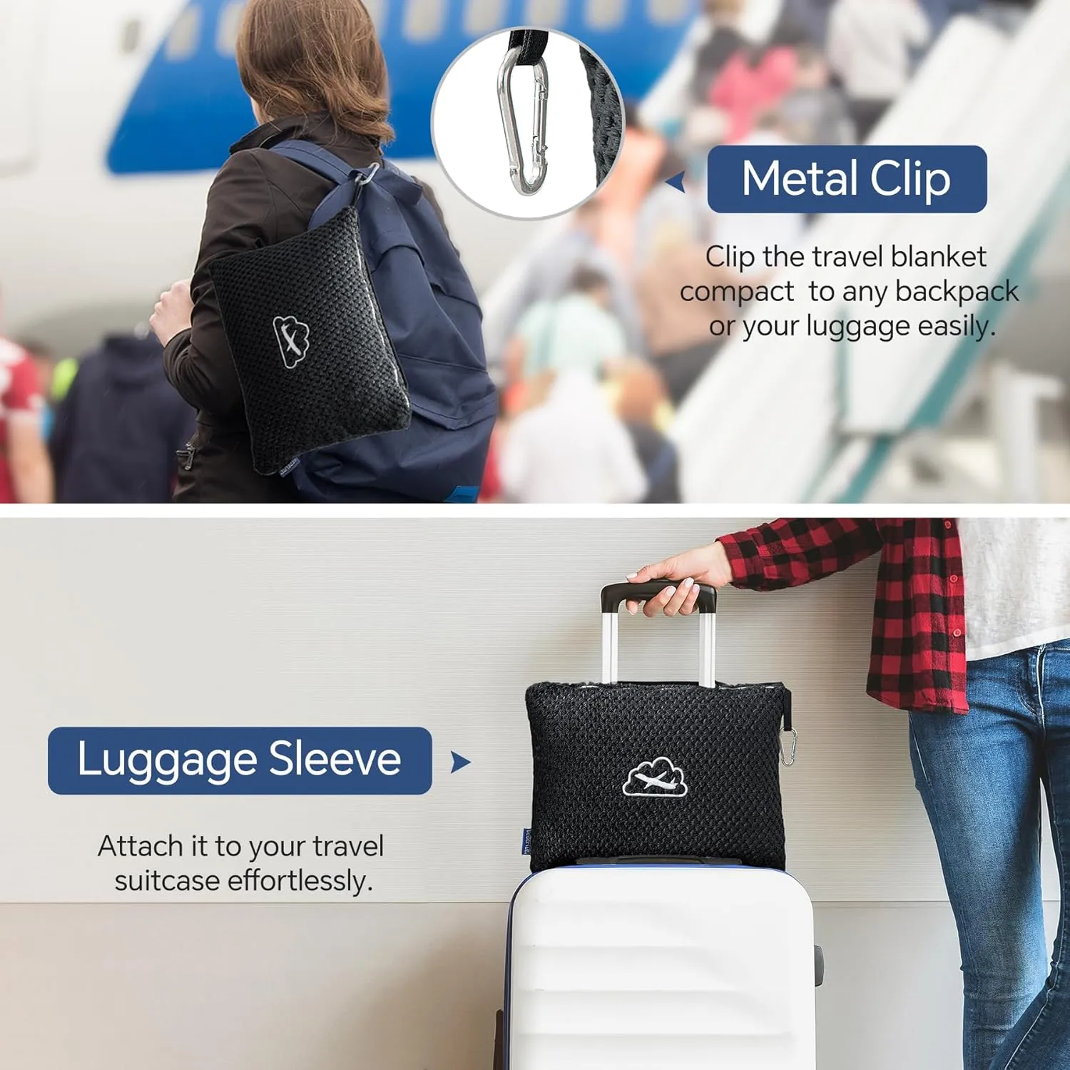 BEDELITE Travel Blanket Airplane Compact with Bag, Portable and Packable 2 in 1 Jacquard Travel Pillow and Blanket Set, Airplane Blanket Travel Essentials with Luggage Sleeve & Backpack Clip, Black