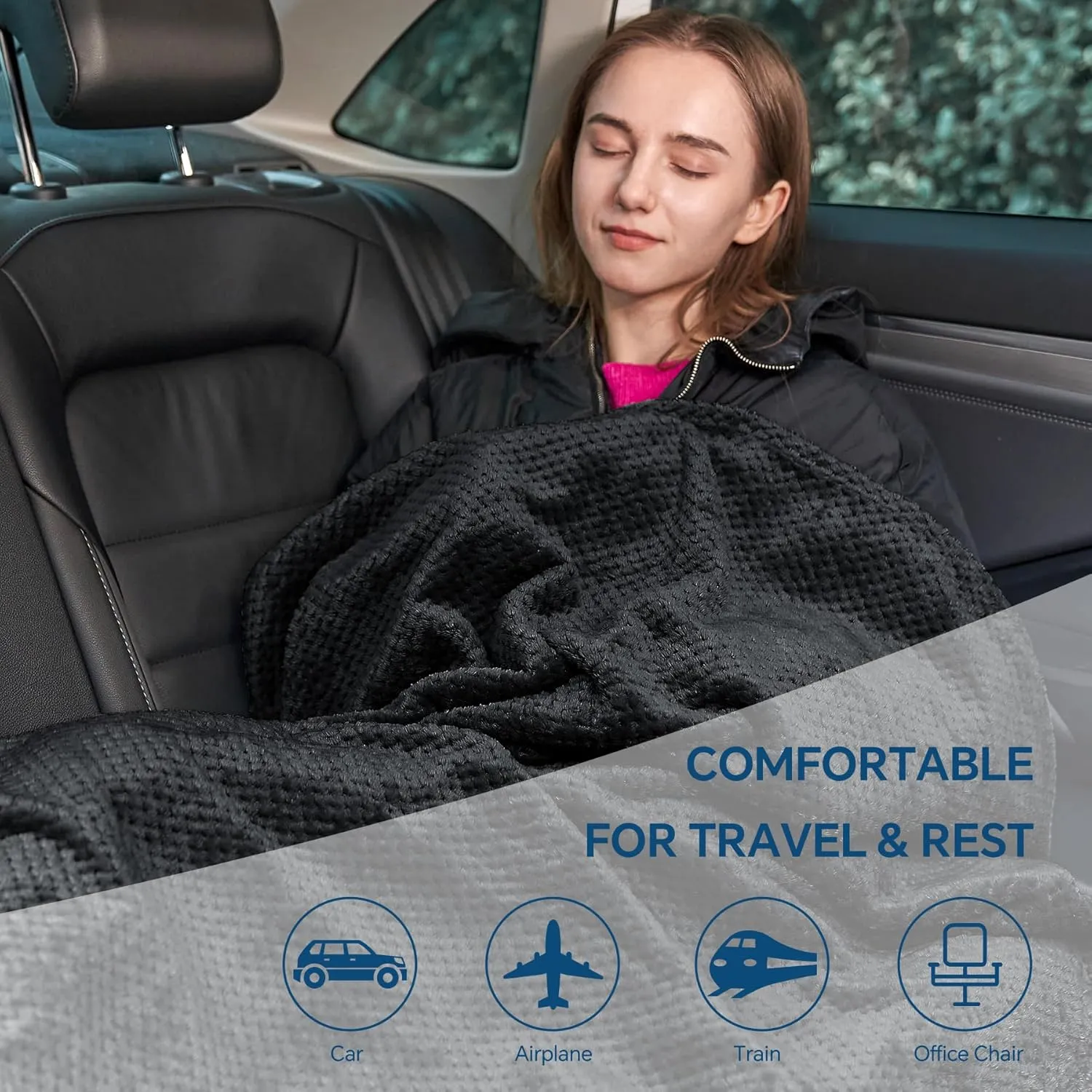 BEDELITE Travel Blanket Airplane Compact with Bag, Portable and Packable 2 in 1 Jacquard Travel Pillow and Blanket Set, Airplane Blanket Travel Essentials with Luggage Sleeve & Backpack Clip, Black