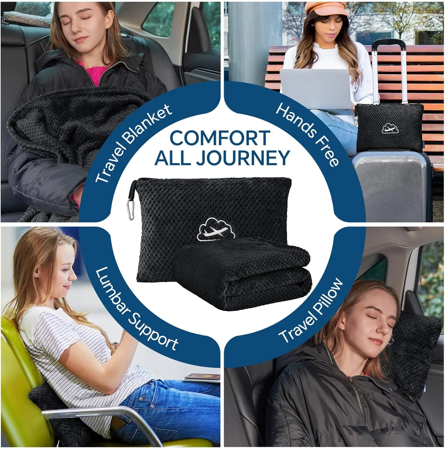 BEDELITE Travel Blanket Airplane Compact with Bag, Portable and Packable 2 in 1 Jacquard Travel Pillow and Blanket Set, Airplane Blanket Travel Essentials with Luggage Sleeve & Backpack Clip, Black