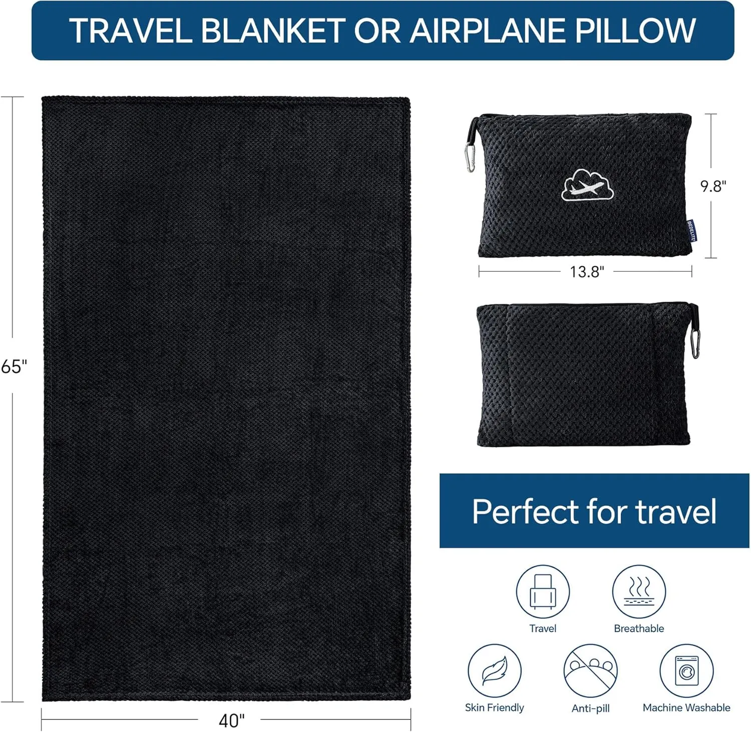BEDELITE Travel Blanket Airplane Compact with Bag, Portable and Packable 2 in 1 Jacquard Travel Pillow and Blanket Set, Airplane Blanket Travel Essentials with Luggage Sleeve & Backpack Clip, Black