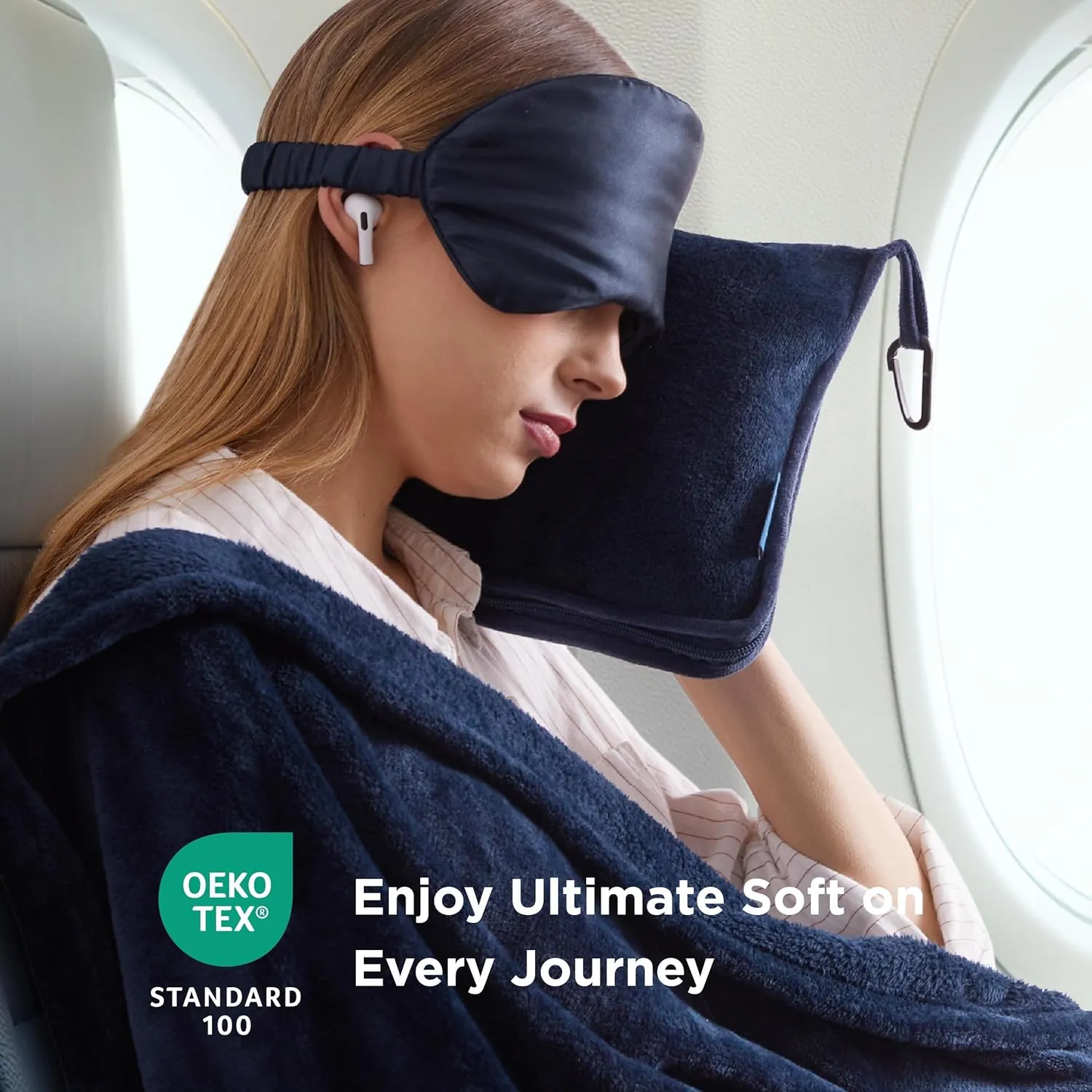 Bedsure Travel Blanket Airplane Compact with Storage Bag, Packable Blanket with Eye Mask, Lightweight 3-in-1 Travel Essentials, Functioned as Pillow for Airplane Comfort and Warmth, Navy