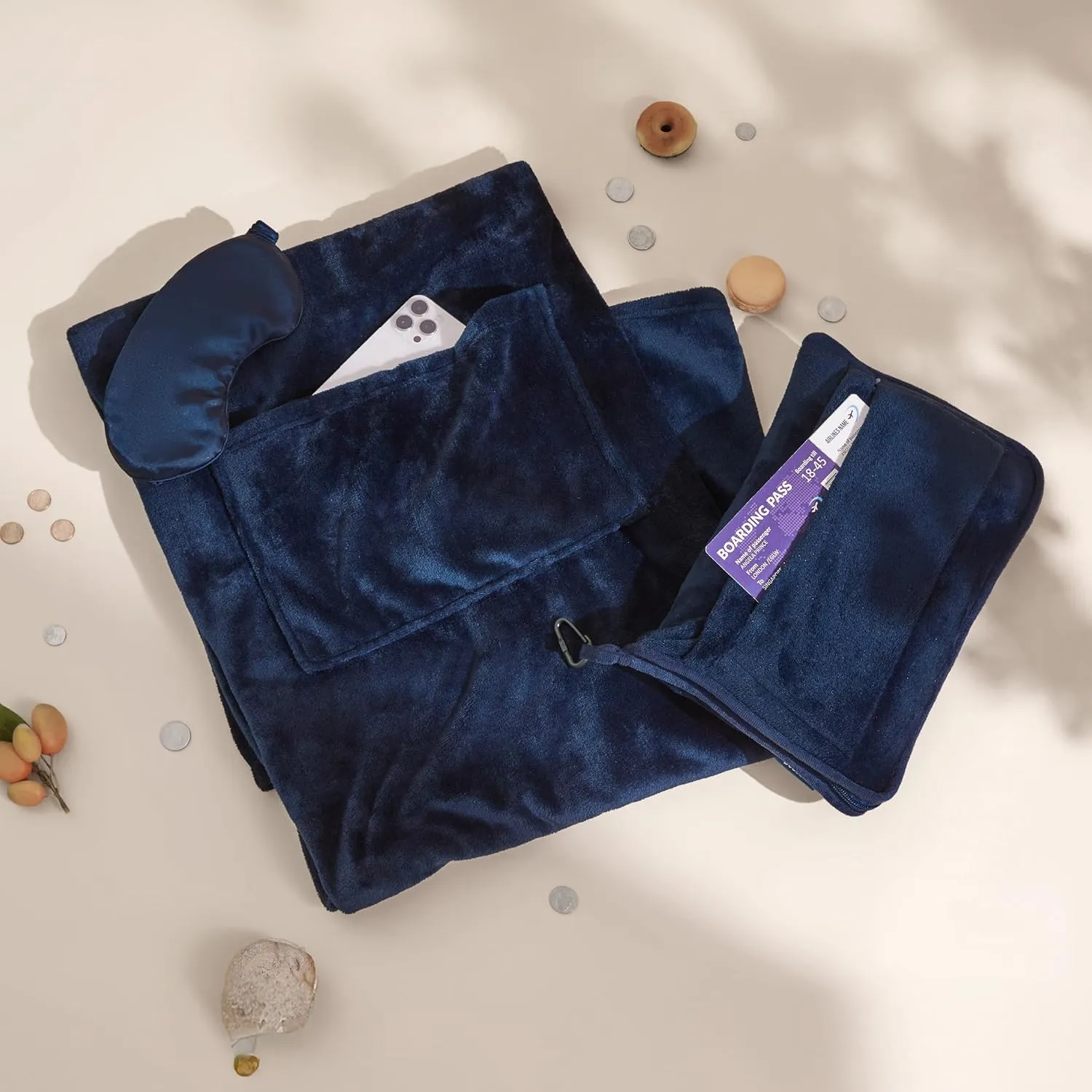 Bedsure Travel Blanket Airplane Compact with Storage Bag, Packable Blanket with Eye Mask, Lightweight 3-in-1 Travel Essentials, Functioned as Pillow for Airplane Comfort and Warmth, Navy