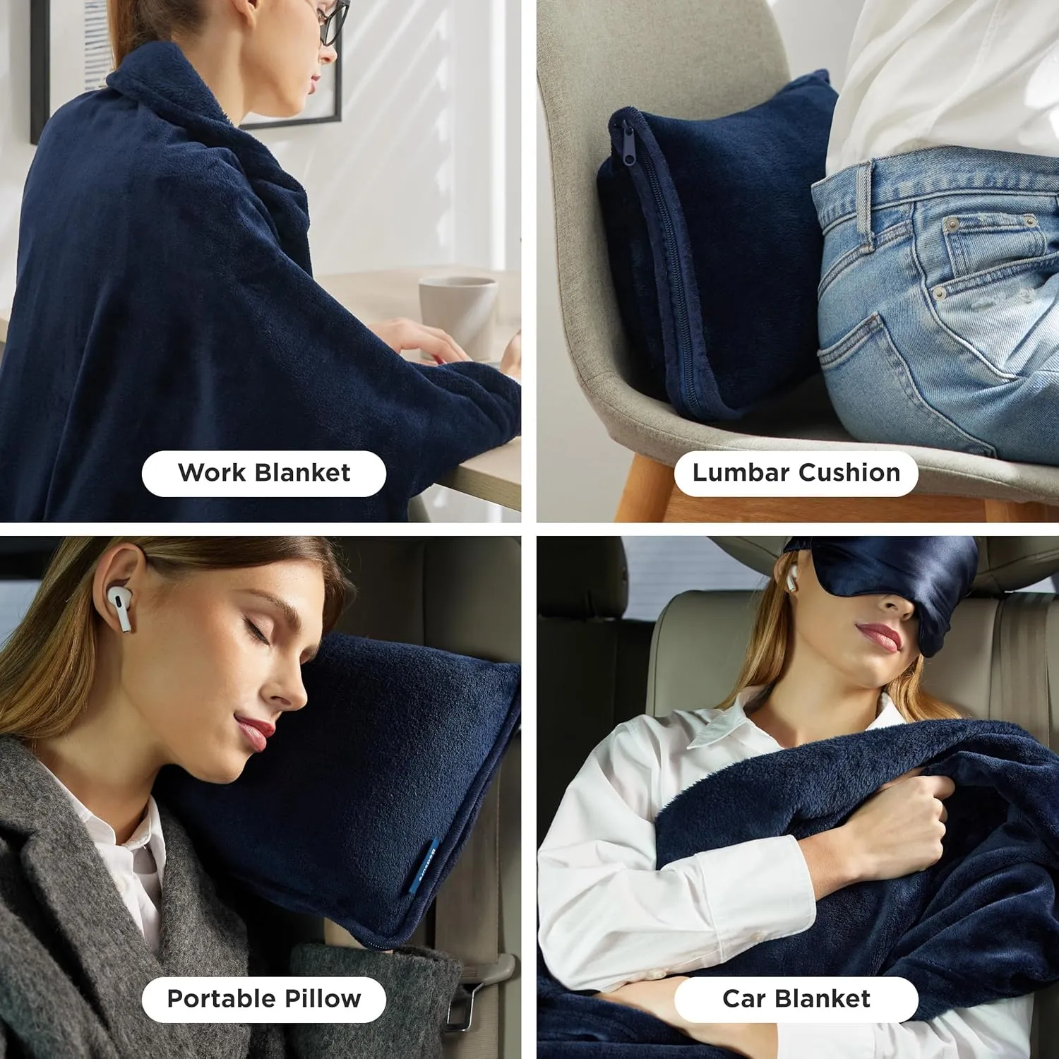 Bedsure Travel Blanket Airplane Compact with Storage Bag, Packable Blanket with Eye Mask, Lightweight 3-in-1 Travel Essentials, Functioned as Pillow for Airplane Comfort and Warmth, Navy