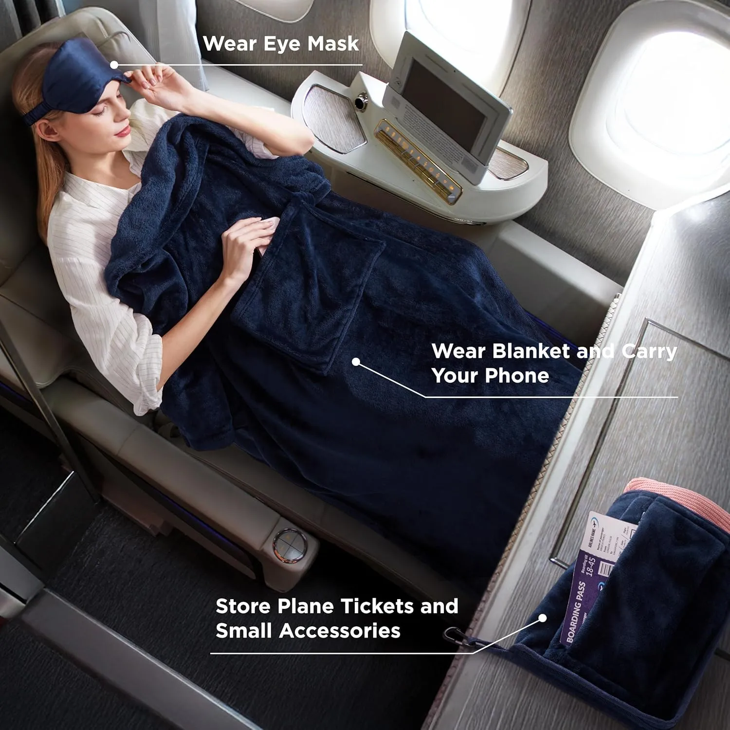 Bedsure Travel Blanket Airplane Compact with Storage Bag, Packable Blanket with Eye Mask, Lightweight 3-in-1 Travel Essentials, Functioned as Pillow for Airplane Comfort and Warmth, Navy