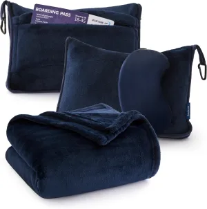 Bedsure Travel Blanket Airplane Compact with Storage Bag, Packable Blanket with Eye Mask, Lightweight 3-in-1 Travel Essentials, Functioned as Pillow for Airplane Comfort and Warmth, Navy