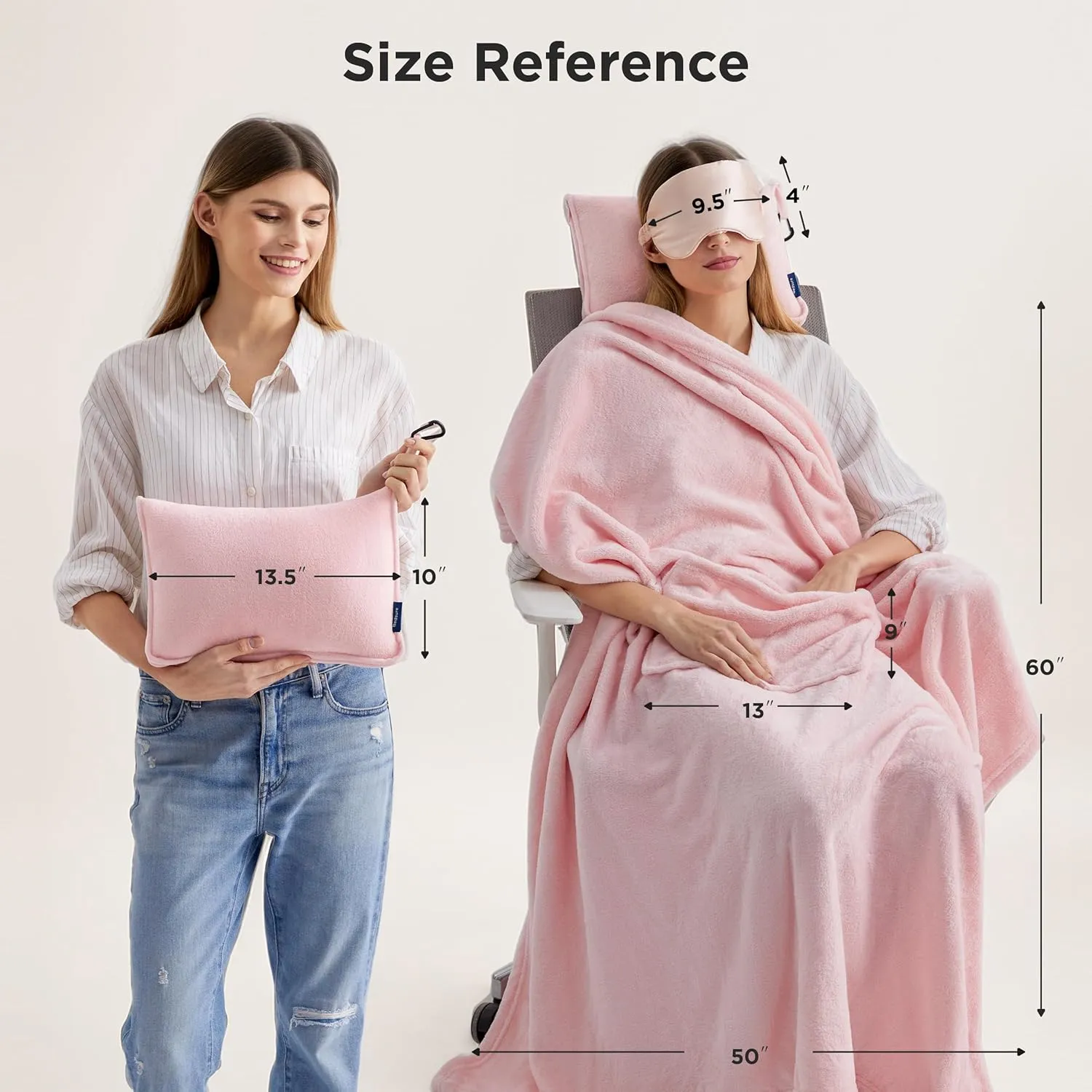 Bedsure Travel Blanket Airplane Compact with Storage Bag, Packable Blanket with Eye Mask, Lightweight 3-in-1 Travel Essentials, Functioned as Pillow for Airplane Comfort and Warmth, Pink