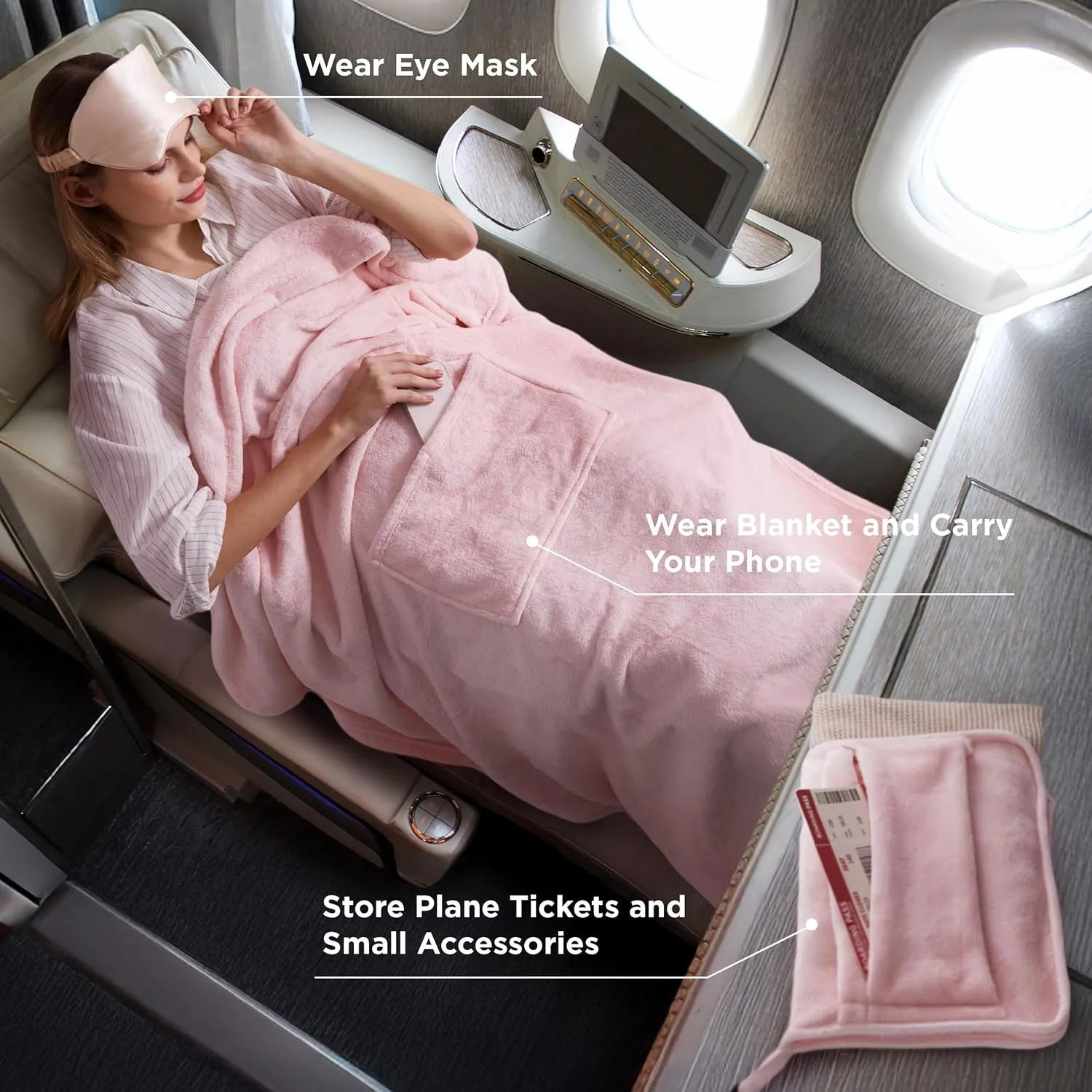 Bedsure Travel Blanket Airplane Compact with Storage Bag, Packable Blanket with Eye Mask, Lightweight 3-in-1 Travel Essentials, Functioned as Pillow for Airplane Comfort and Warmth, Pink