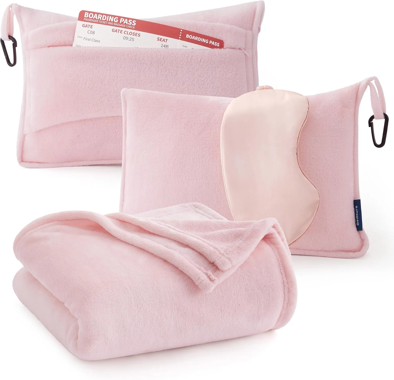 Bedsure Travel Blanket Airplane Compact with Storage Bag, Packable Blanket with Eye Mask, Lightweight 3-in-1 Travel Essentials, Functioned as Pillow for Airplane Comfort and Warmth, Pink