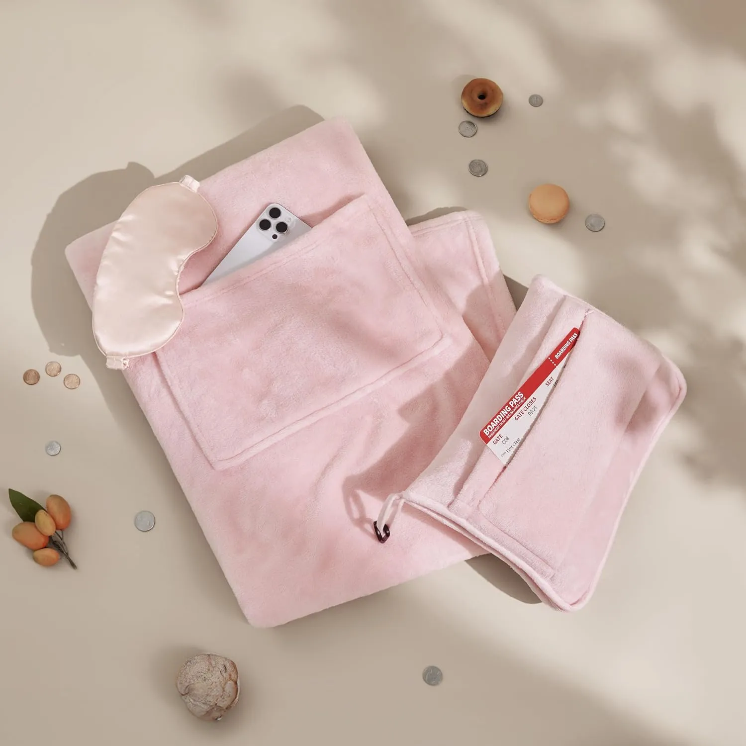 Bedsure Travel Blanket Airplane Compact with Storage Bag, Packable Blanket with Eye Mask, Lightweight 3-in-1 Travel Essentials, Functioned as Pillow for Airplane Comfort and Warmth, Pink