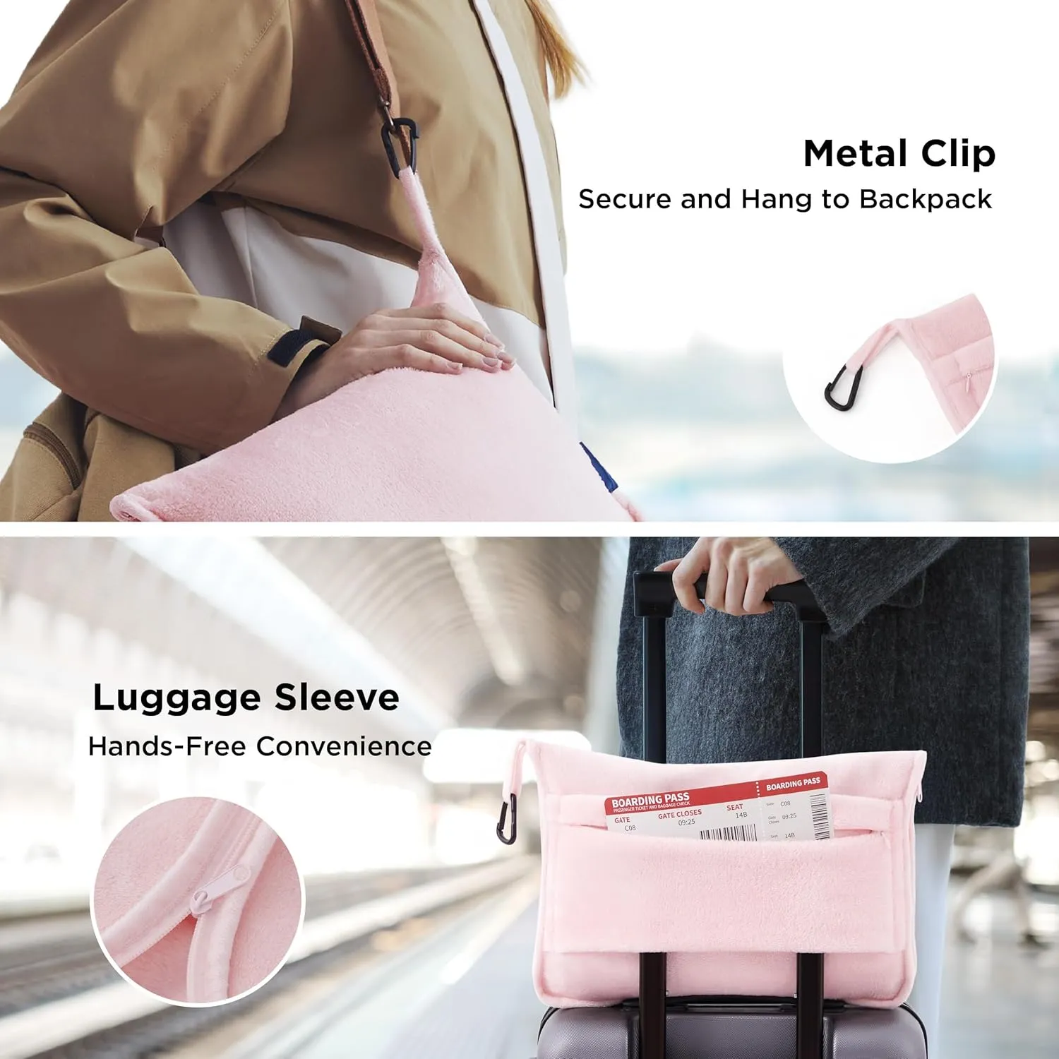 Bedsure Travel Blanket Airplane Compact with Storage Bag, Packable Blanket with Eye Mask, Lightweight 3-in-1 Travel Essentials, Functioned as Pillow for Airplane Comfort and Warmth, Pink