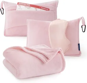 Bedsure Travel Blanket Airplane Compact with Storage Bag, Packable Blanket with Eye Mask, Lightweight 3-in-1 Travel Essentials, Functioned as Pillow for Airplane Comfort and Warmth, Pink