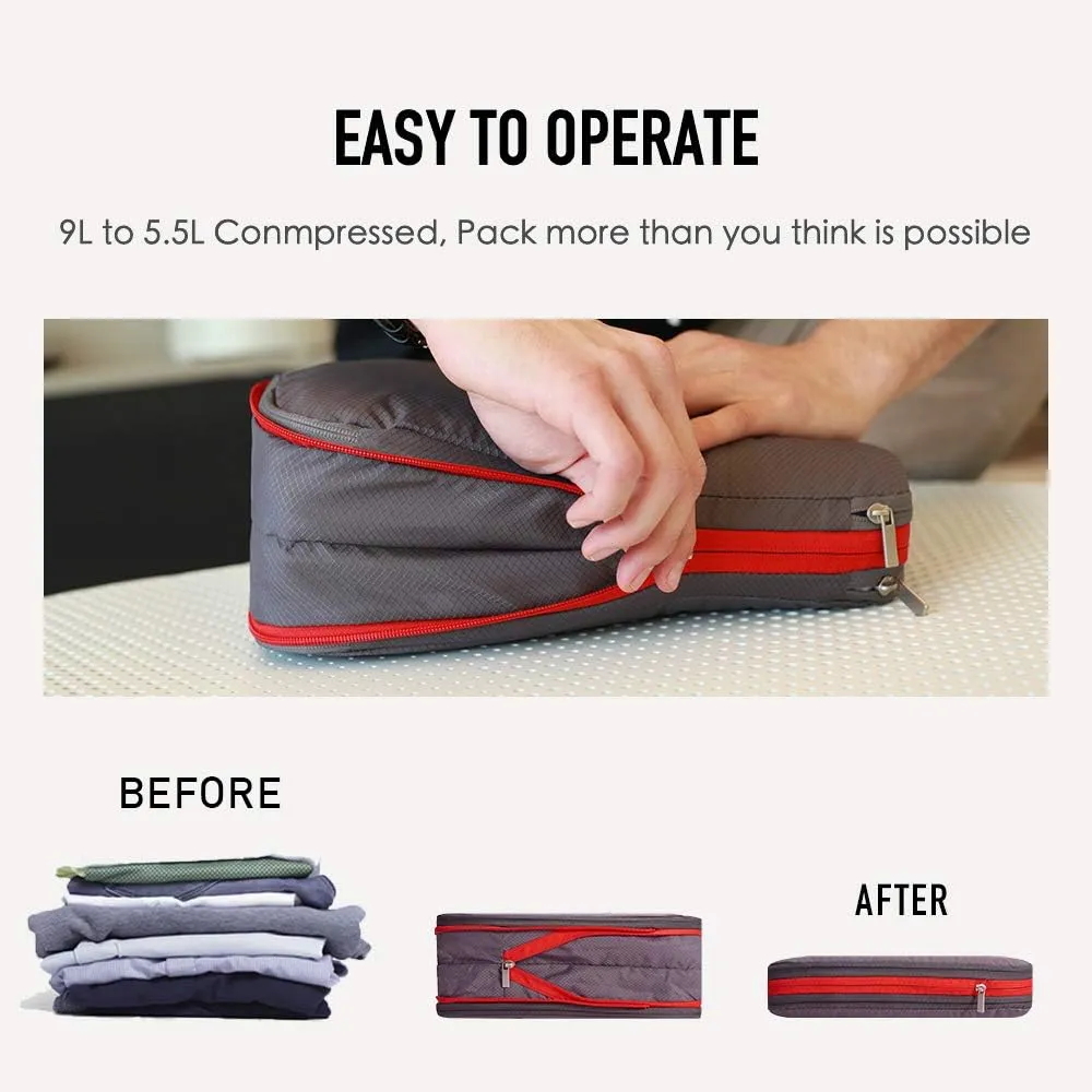 BeeNesting Waterproof Compression Packing Cubes 5/6/8 sets, Large Travel Packing organizers for Carry on Luggage, 2 Sides Expandable Storage Bags (Dark Green, 9L)