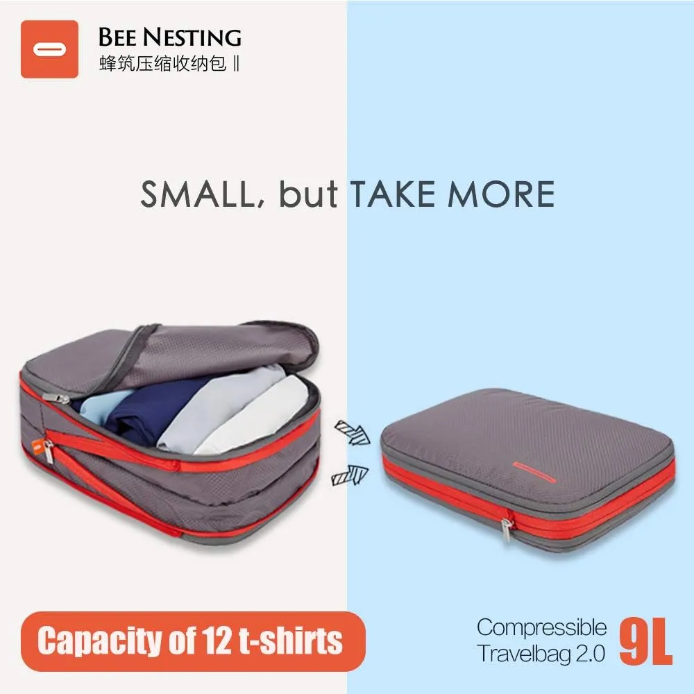 BeeNesting Waterproof Compression Packing Cubes 5/6/8 sets, Large Travel Packing organizers for Carry on Luggage, 2 Sides Expandable Storage Bags (Dark Green, 9L)