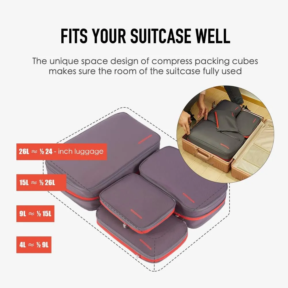 BeeNesting Waterproof Compression Packing Cubes 5/6/8 sets, Large Travel Packing organizers for Carry on Luggage, 2 Sides Expandable Storage Bags (Dark Green, 9L)