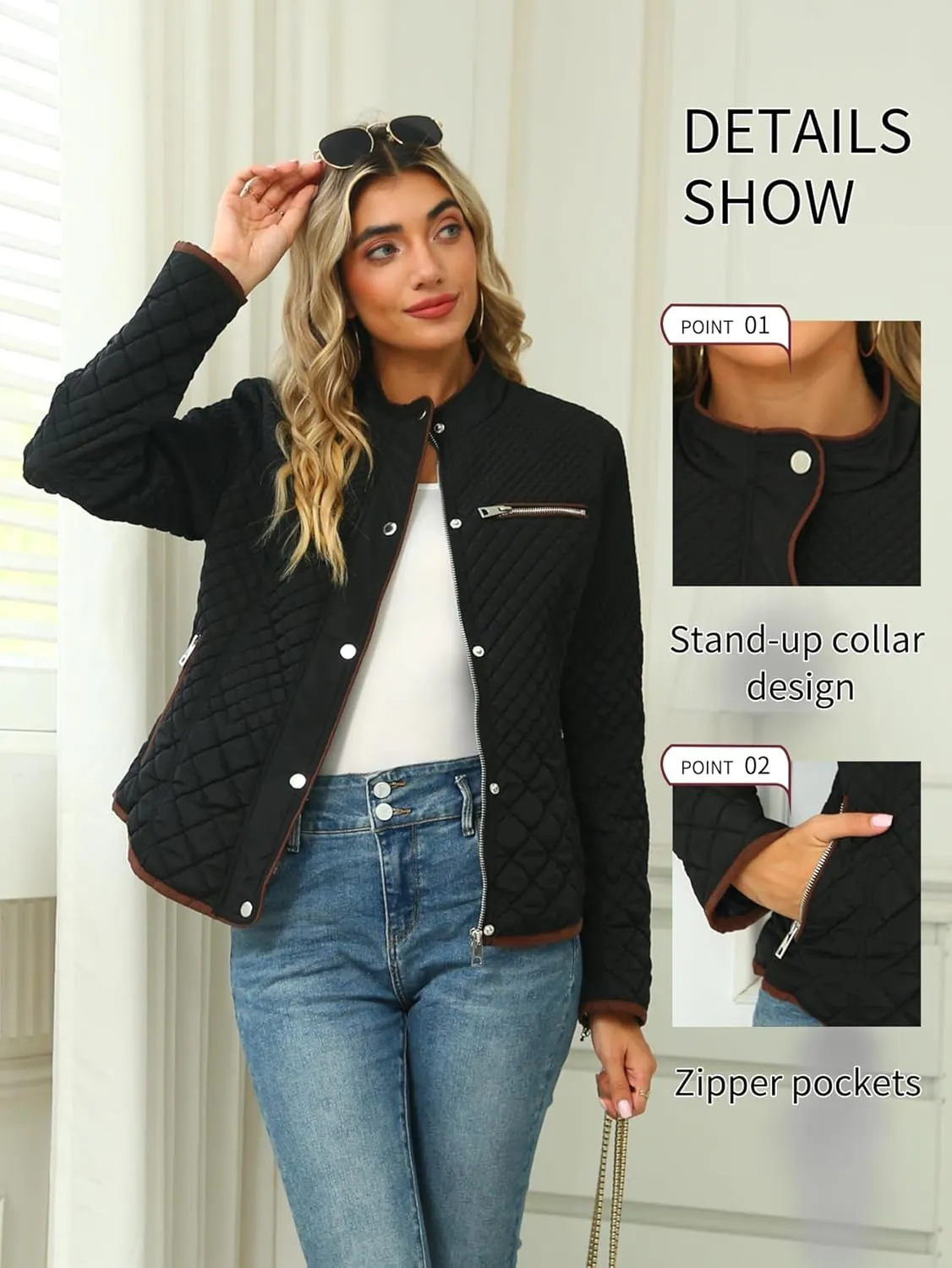 Bellivera Women's Stand Collar Lightweight Quilted Puffer Jacket Padded Zip Coat for Spring and Winter