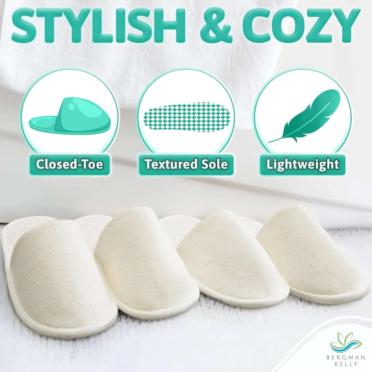 BERGMAN KELLY - Spa Slippers - Eco-Friendly & 100% Biodegradable Disposable Indoor House Slippers - Closed Toe House Shoes for Men & Women - Value Pack Hotel Indoor Shoes for Guests - Washable