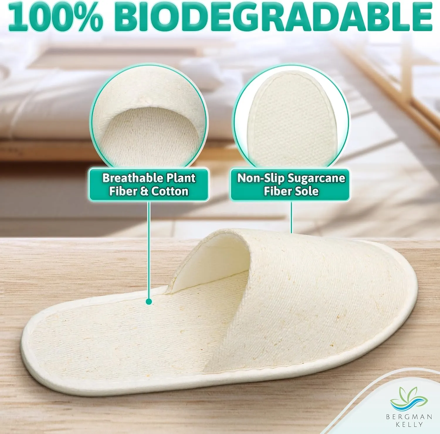 BERGMAN KELLY - Spa Slippers - Eco-Friendly & 100% Biodegradable Disposable Indoor House Slippers - Closed Toe House Shoes for Men & Women - Value Pack Hotel Indoor Shoes for Guests - Washable